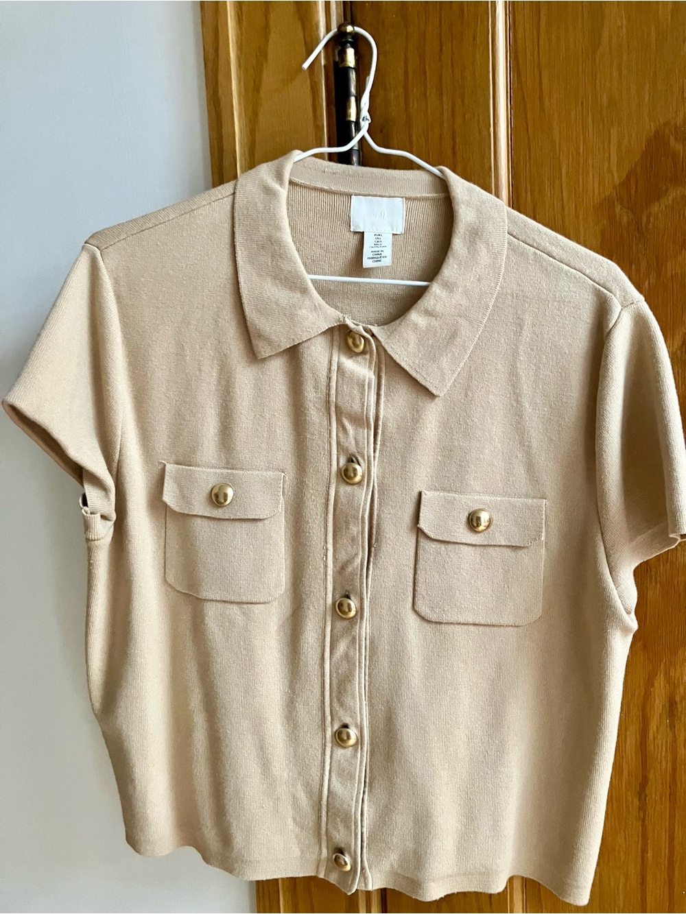 Beige H&M Knit Button-Up Shirt with Pocket Detail